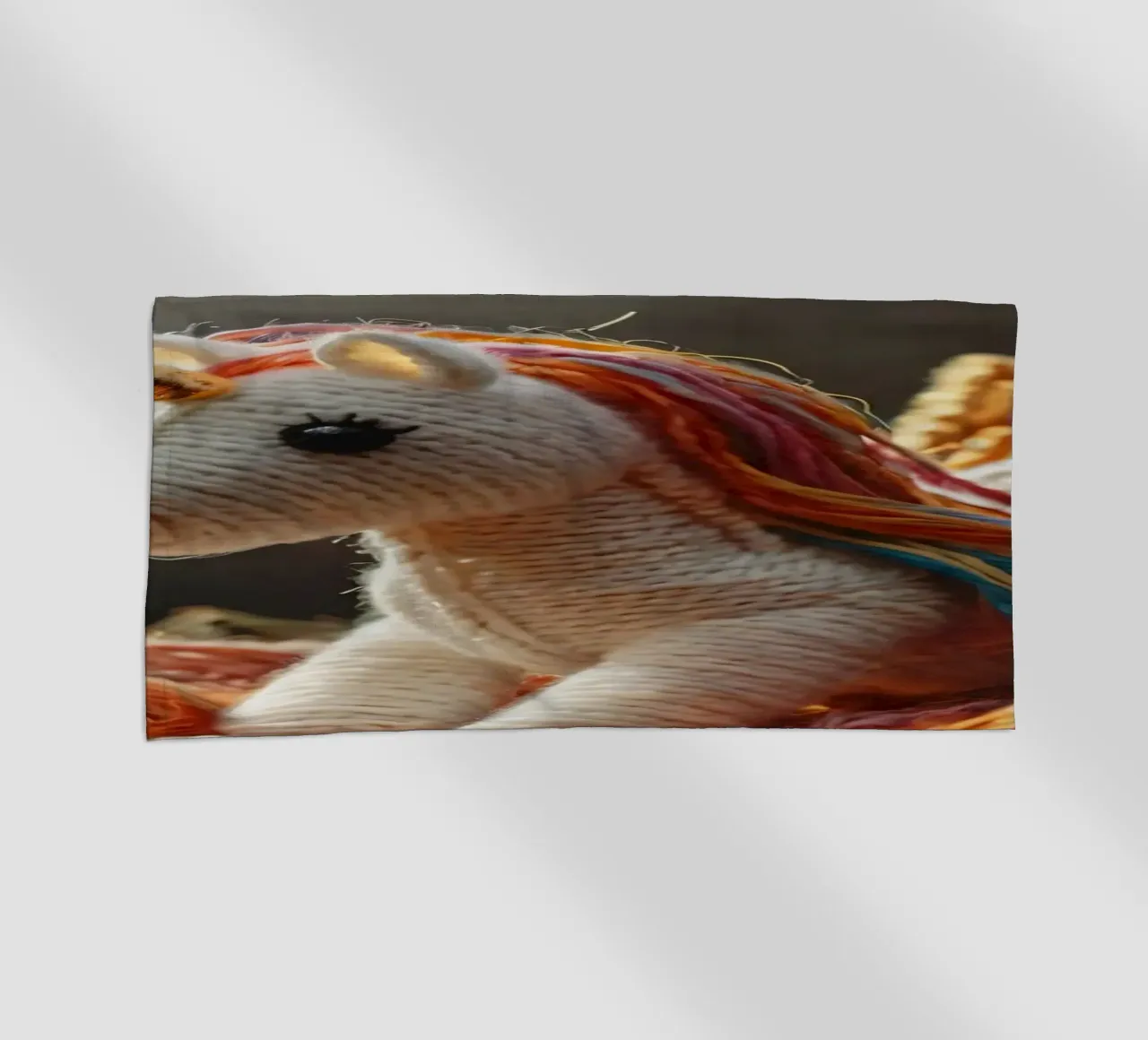 Un colorato giocattolo unicorno realizzato a mano riposa tra i fili telo mare da DesignDoodle