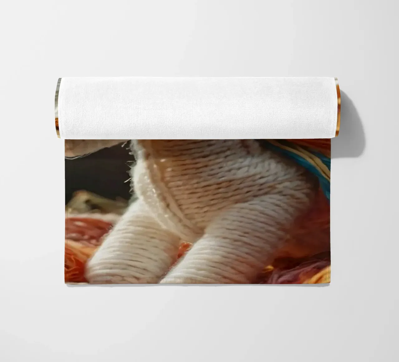 Un colorato giocattolo unicorno realizzato a mano riposa tra i fili telo mare da DesignDoodle