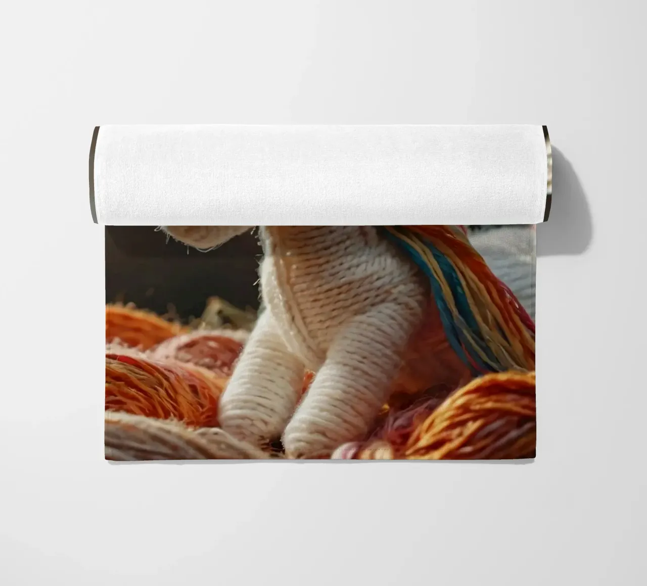 Un colorato giocattolo unicorno realizzato a mano riposa tra i fili telo mare da DesignDoodle