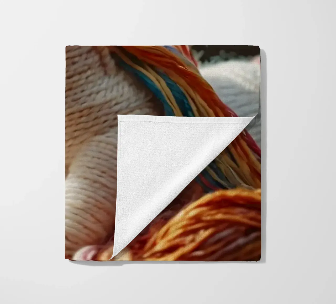 Un colorato giocattolo unicorno realizzato a mano riposa tra i fili telo mare da DesignDoodle