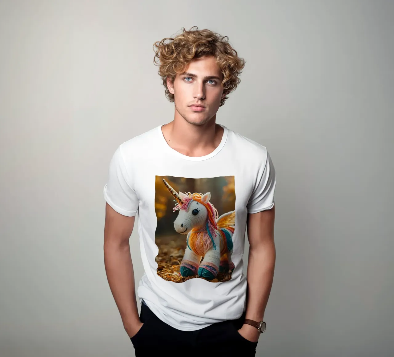 Unicorno giocattolo colorato fatto a mano con le ali in mezzo all'autunno t-shirt da DesignDoodle