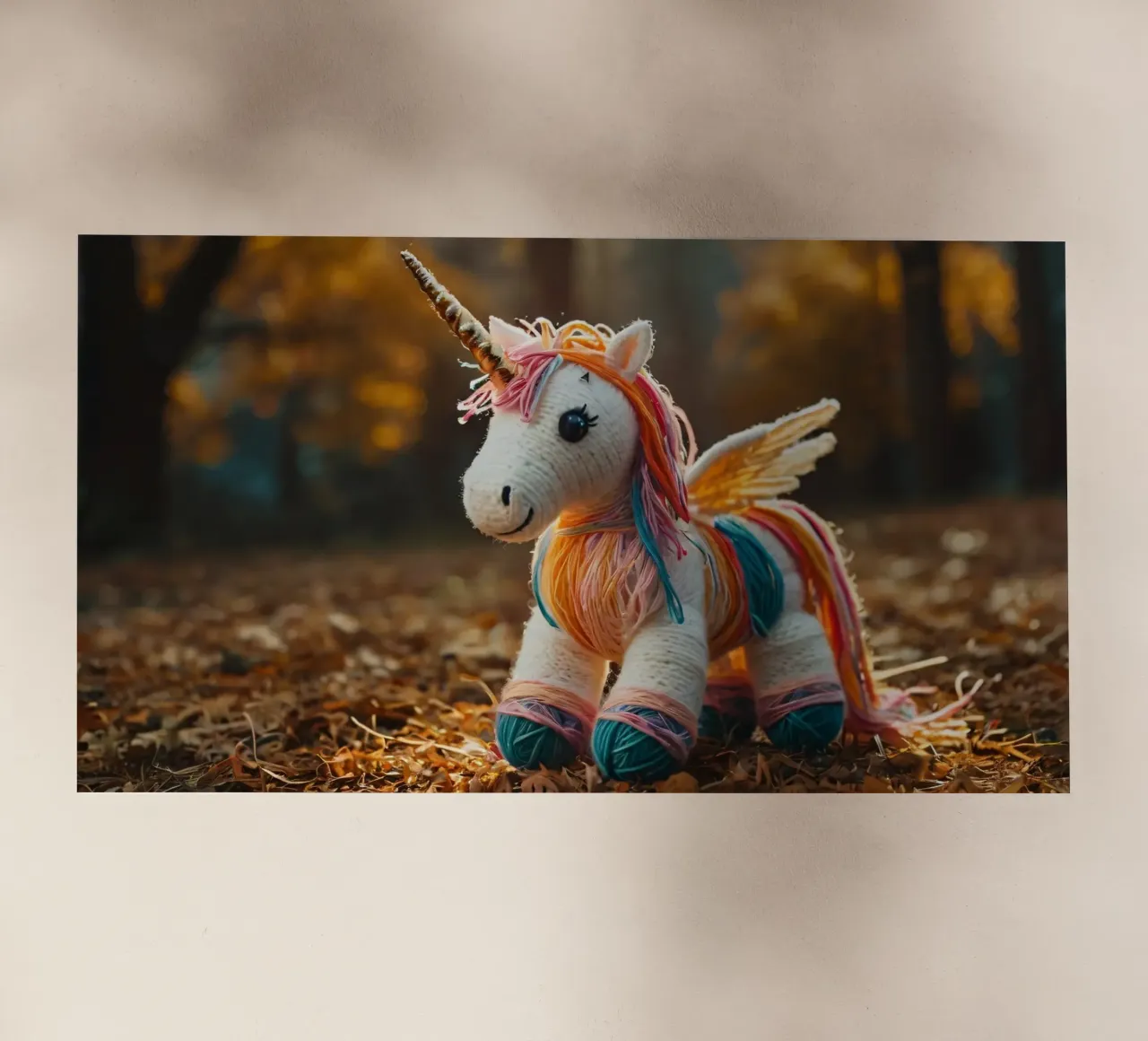 Unicorno giocattolo colorato fatto a mano con le ali in mezzo all'autunno pellicola backlit da DesignDoodle