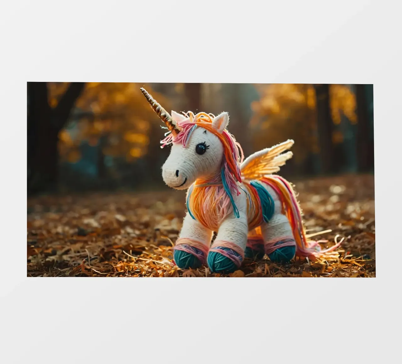 Unicorno giocattolo colorato fatto a mano con le ali in mezzo all'autunno pellicola backlit da DesignDoodle