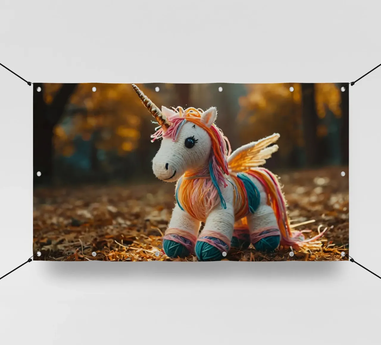 Unicorno giocattolo colorato fatto a mano con le ali in mezzo all'autunno telo in pvc da DesignDoodle
