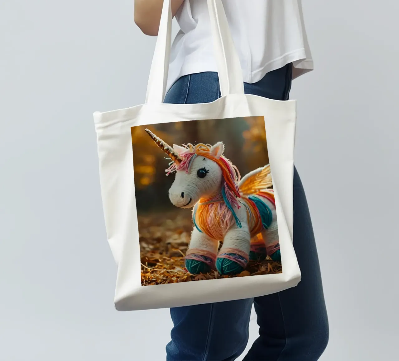 Unicorno giocattolo colorato fatto a mano con le ali in mezzo all'autunno borsa in juta da DesignDoodle