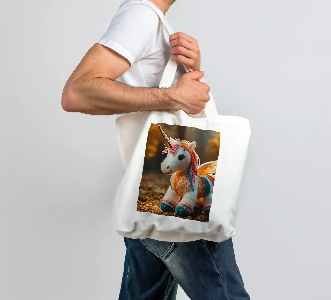 Unicorno giocattolo colorato fatto a mano con le ali in mezzo all'autunno borsa in juta da DesignDoodle