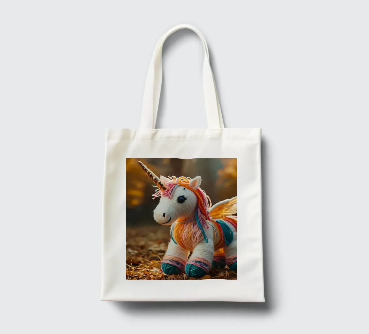 Unicorno giocattolo colorato fatto a mano con le ali in mezzo all'autunno borsa in juta da DesignDoodle