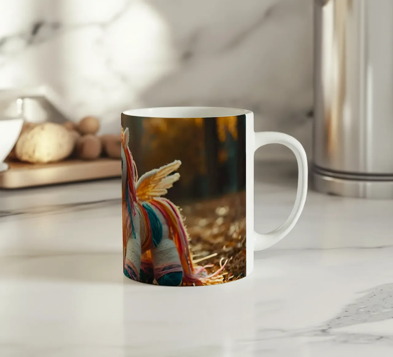 Unicorno giocattolo colorato fatto a mano con le ali in mezzo all'autunno tazza in ceramica da DesignDoodle
