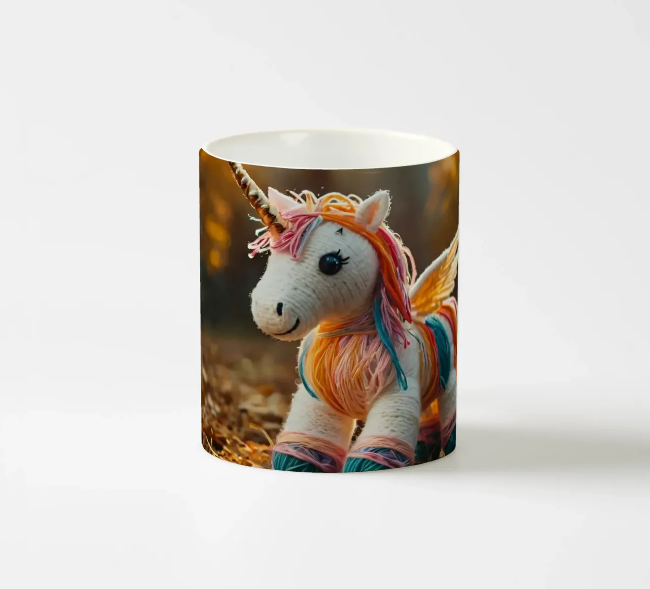 Unicorno giocattolo colorato fatto a mano con le ali in mezzo all'autunno tazza in ceramica da DesignDoodle
