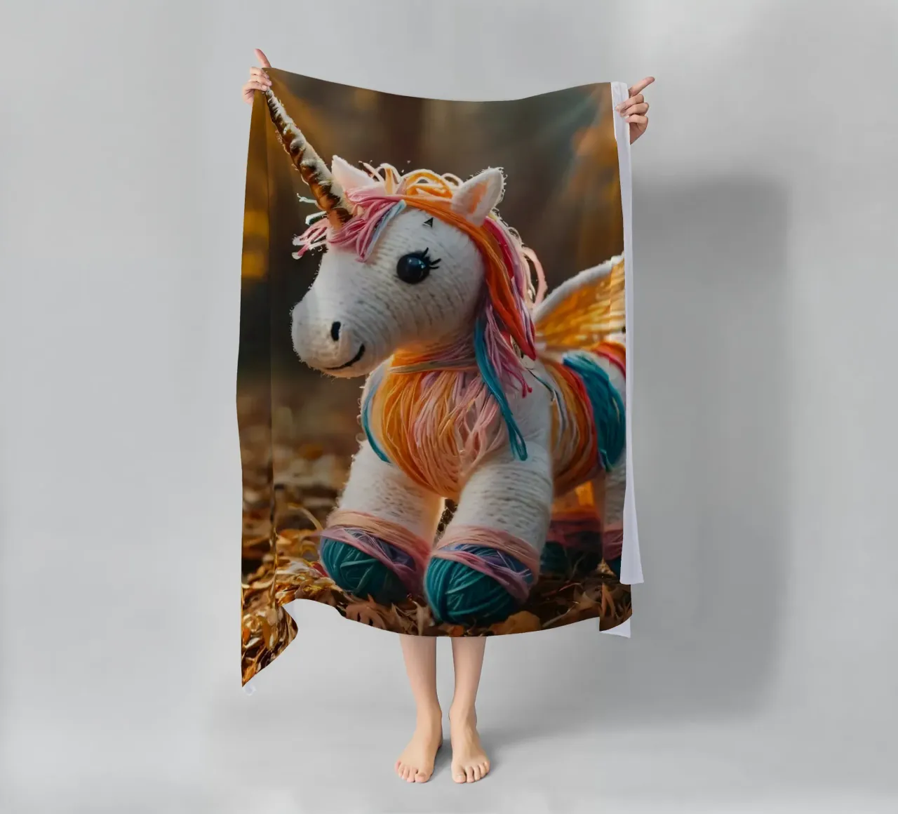 Unicorno giocattolo colorato fatto a mano con le ali in mezzo all'autunno telo mare da DesignDoodle