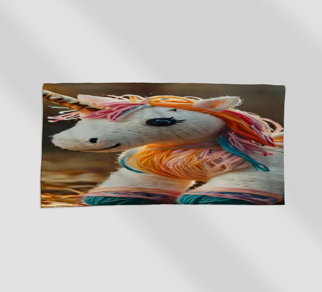 Unicorno giocattolo colorato fatto a mano con le ali in mezzo all'autunno telo mare da DesignDoodle