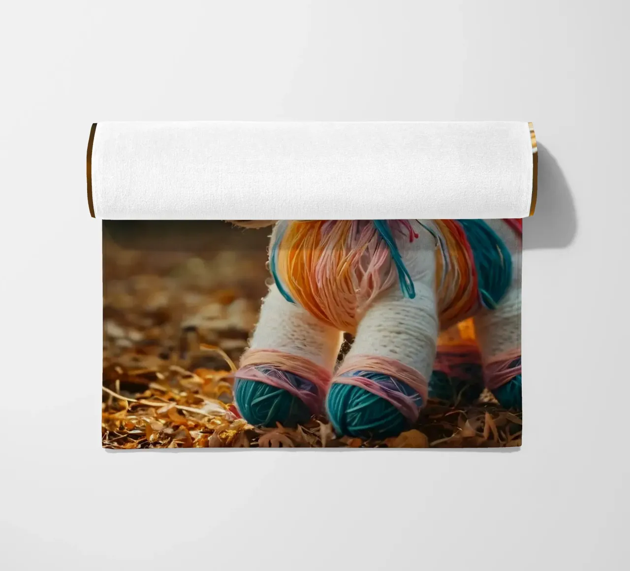 Unicorno giocattolo colorato fatto a mano con le ali in mezzo all'autunno telo mare da DesignDoodle