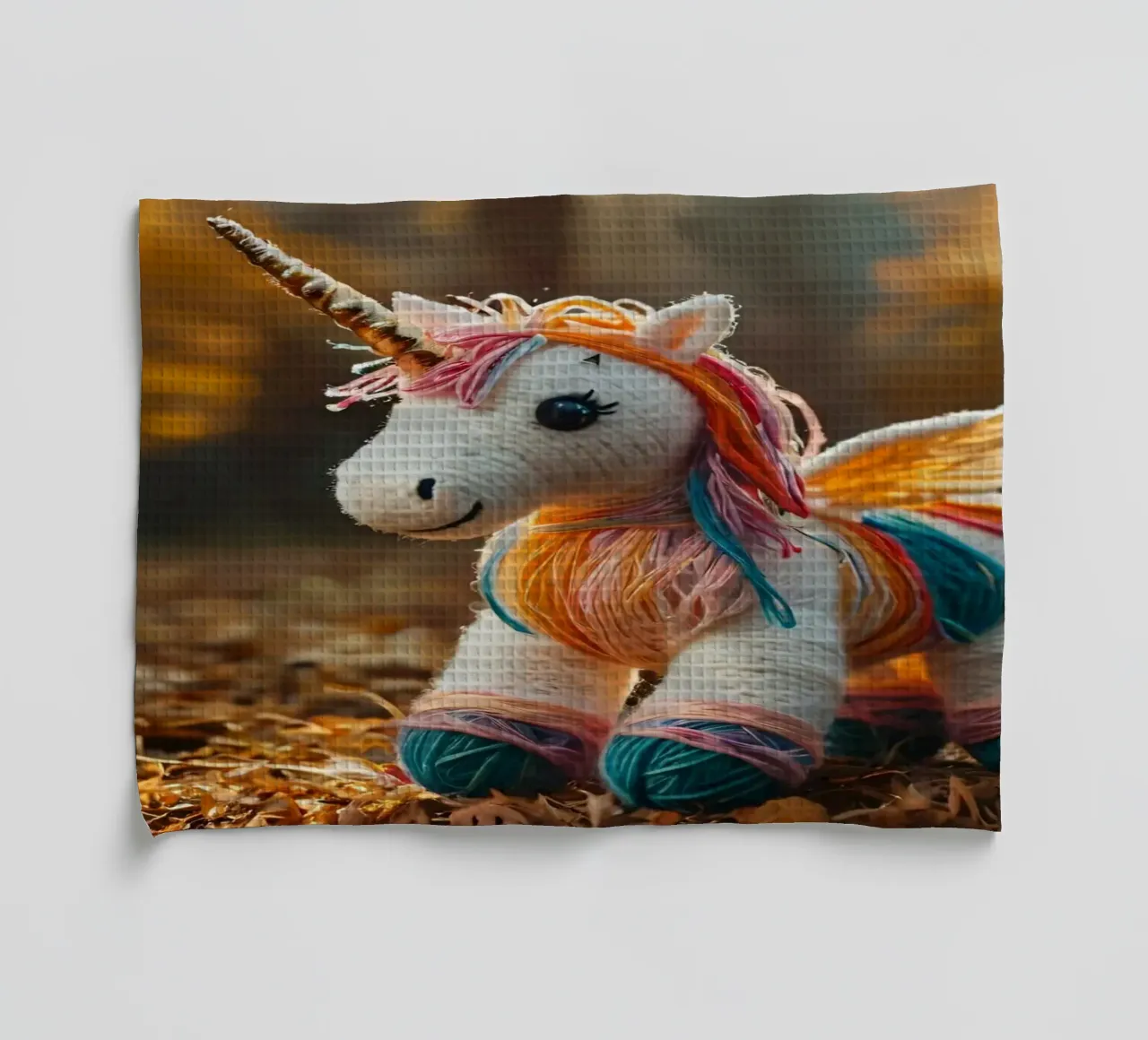 Unicorno giocattolo colorato fatto a mano con le ali in mezzo all'autunno canovaccio da cucina da DesignDoodle