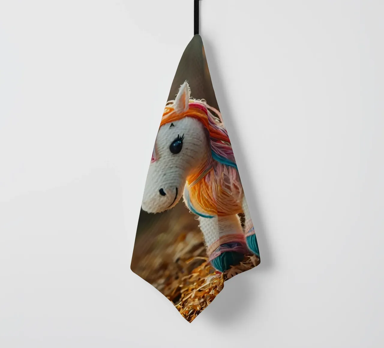 Unicorno giocattolo colorato fatto a mano con le ali in mezzo all'autunno canovaccio da cucina da DesignDoodle