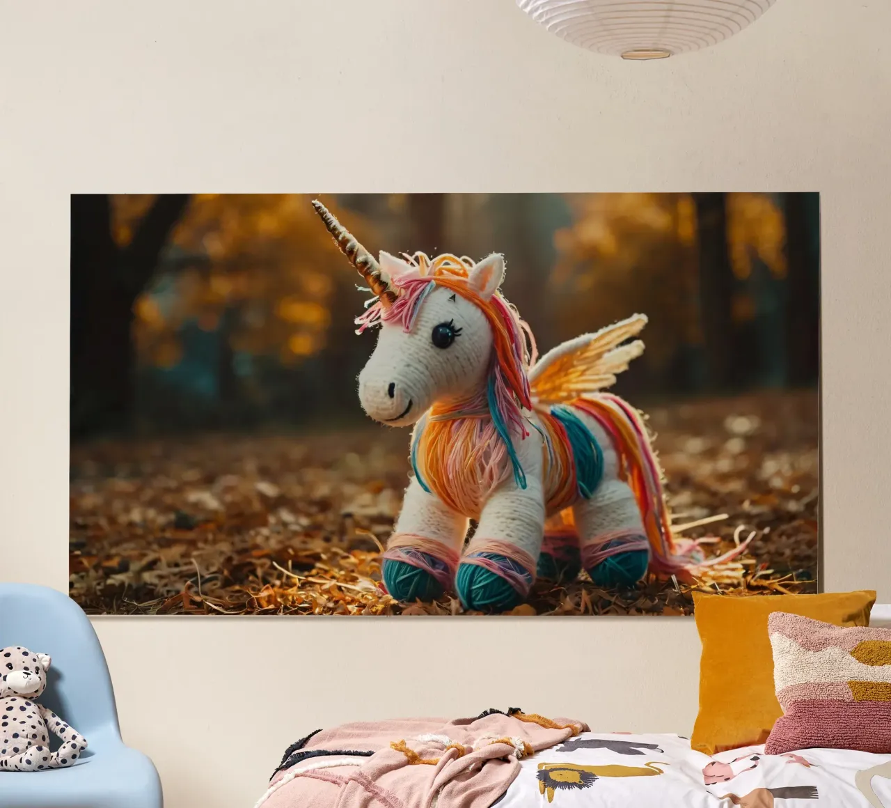 Unicorno giocattolo colorato fatto a mano con le ali in mezzo all'autunno carta hahnemühle da DesignDoodle