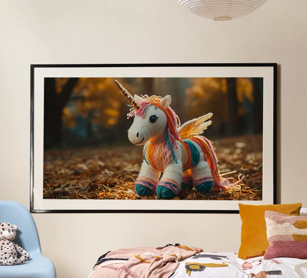 Unicorno giocattolo colorato fatto a mano con le ali in mezzo all'autunno carta hahnemühle da DesignDoodle