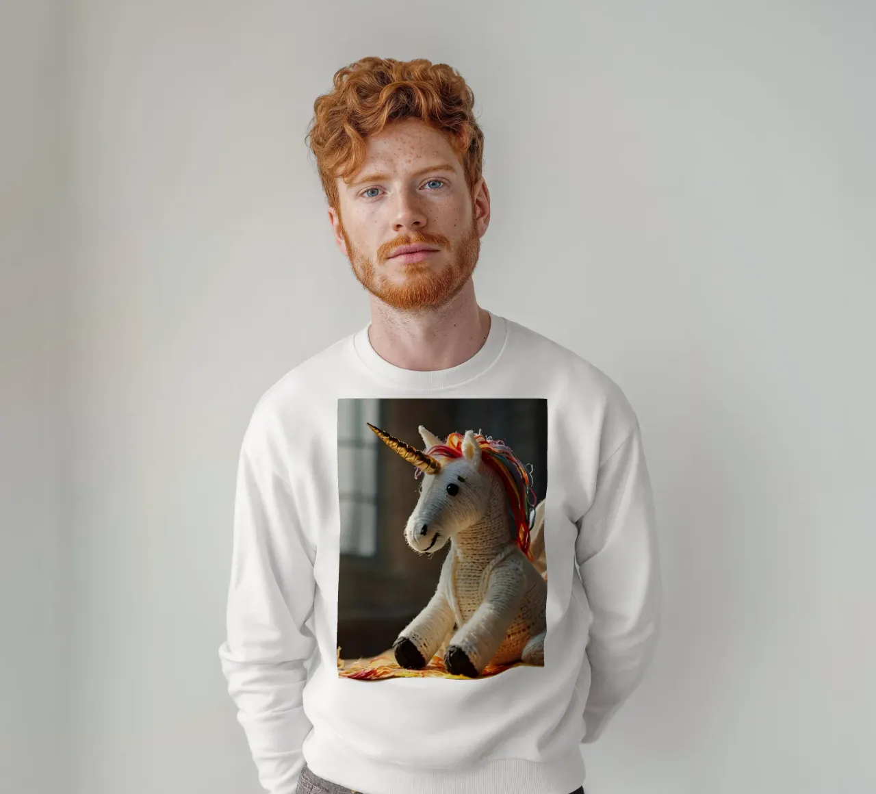 Un unicorno giocattolo fatto a mano con criniera e ali colorate felpa da DesignDoodle