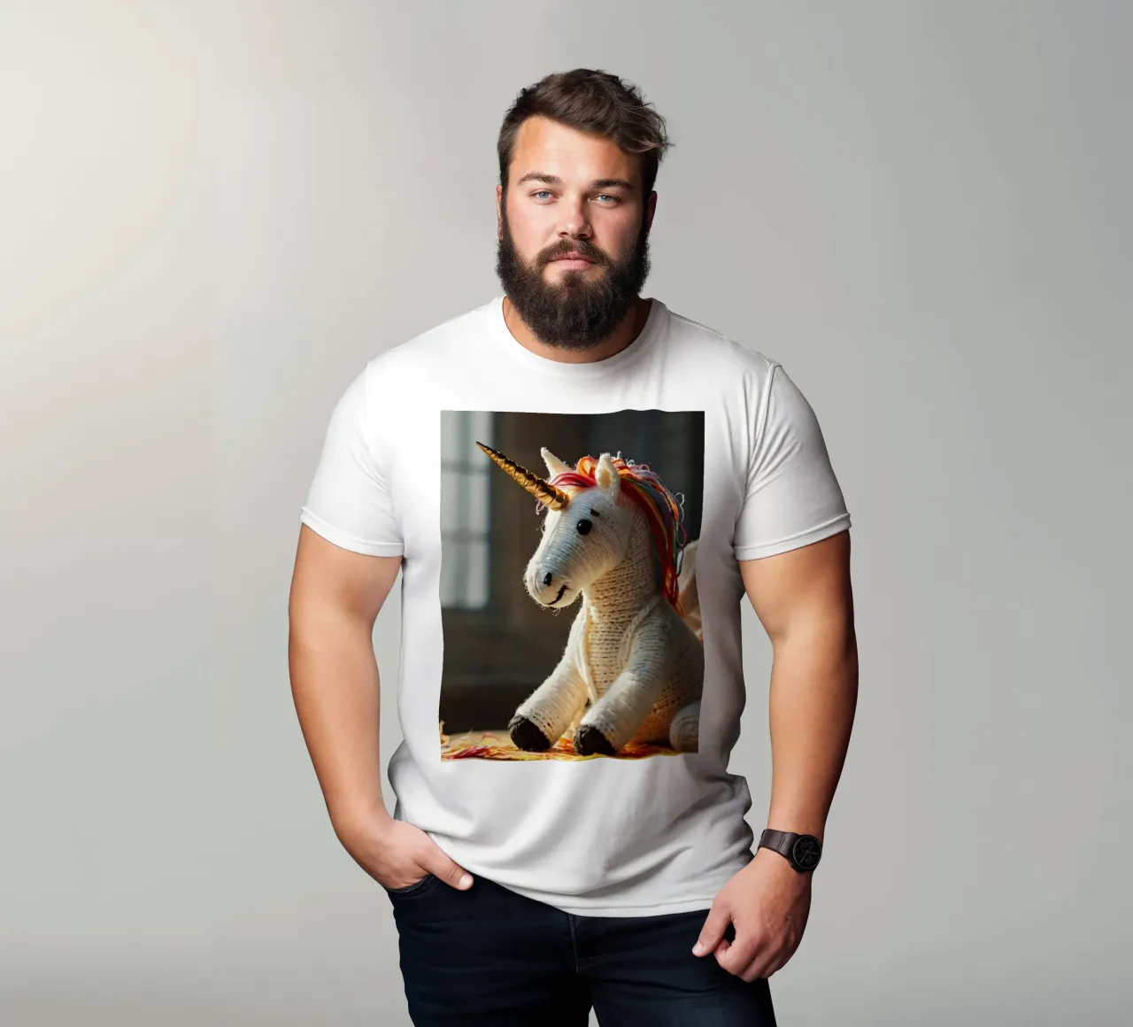 Un unicorno giocattolo fatto a mano con criniera e ali colorate t-shirt da DesignDoodle