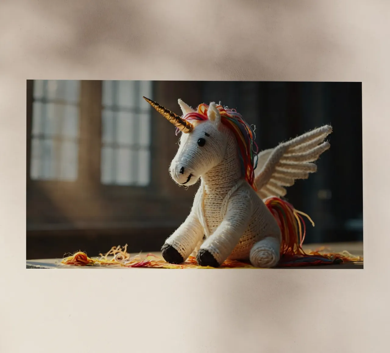 Un unicorno giocattolo fatto a mano con criniera e ali colorate pellicola backlit da DesignDoodle