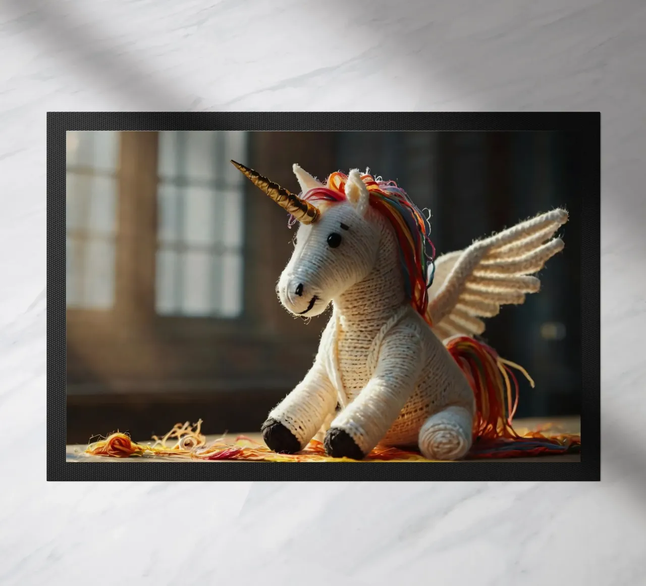 Un unicorno giocattolo fatto a mano con criniera e ali colorate zerbino da DesignDoodle