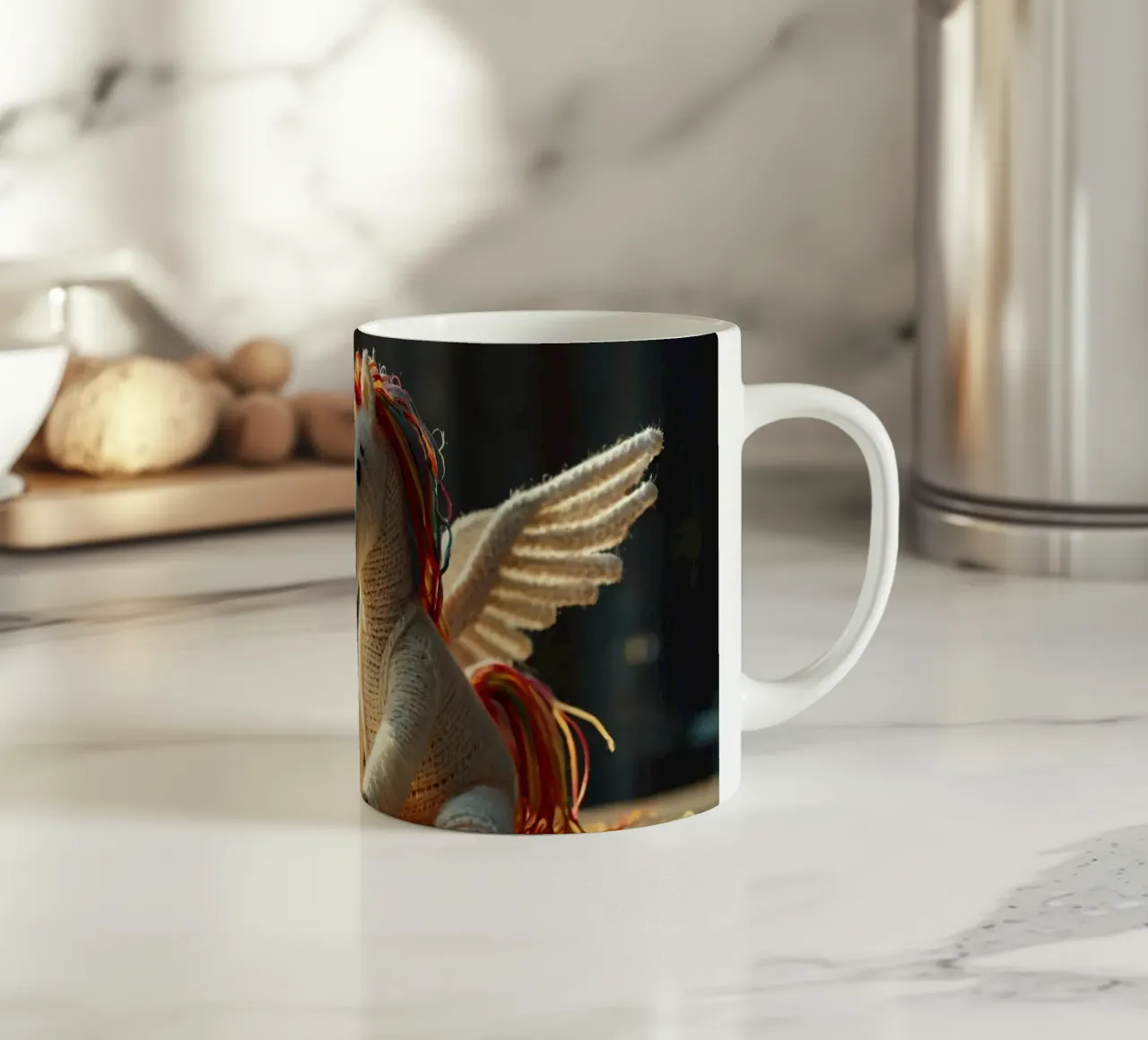 Un unicorno giocattolo fatto a mano con criniera e ali colorate tazza in ceramica da DesignDoodle
