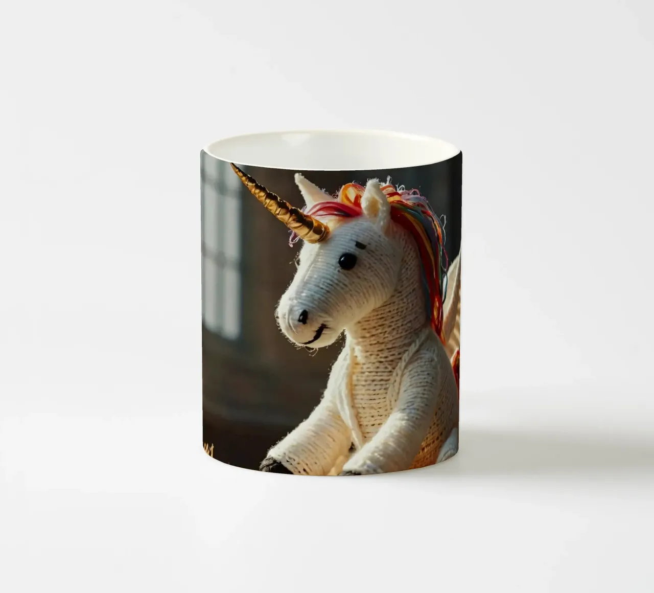 Un unicorno giocattolo fatto a mano con criniera e ali colorate tazza in ceramica da DesignDoodle