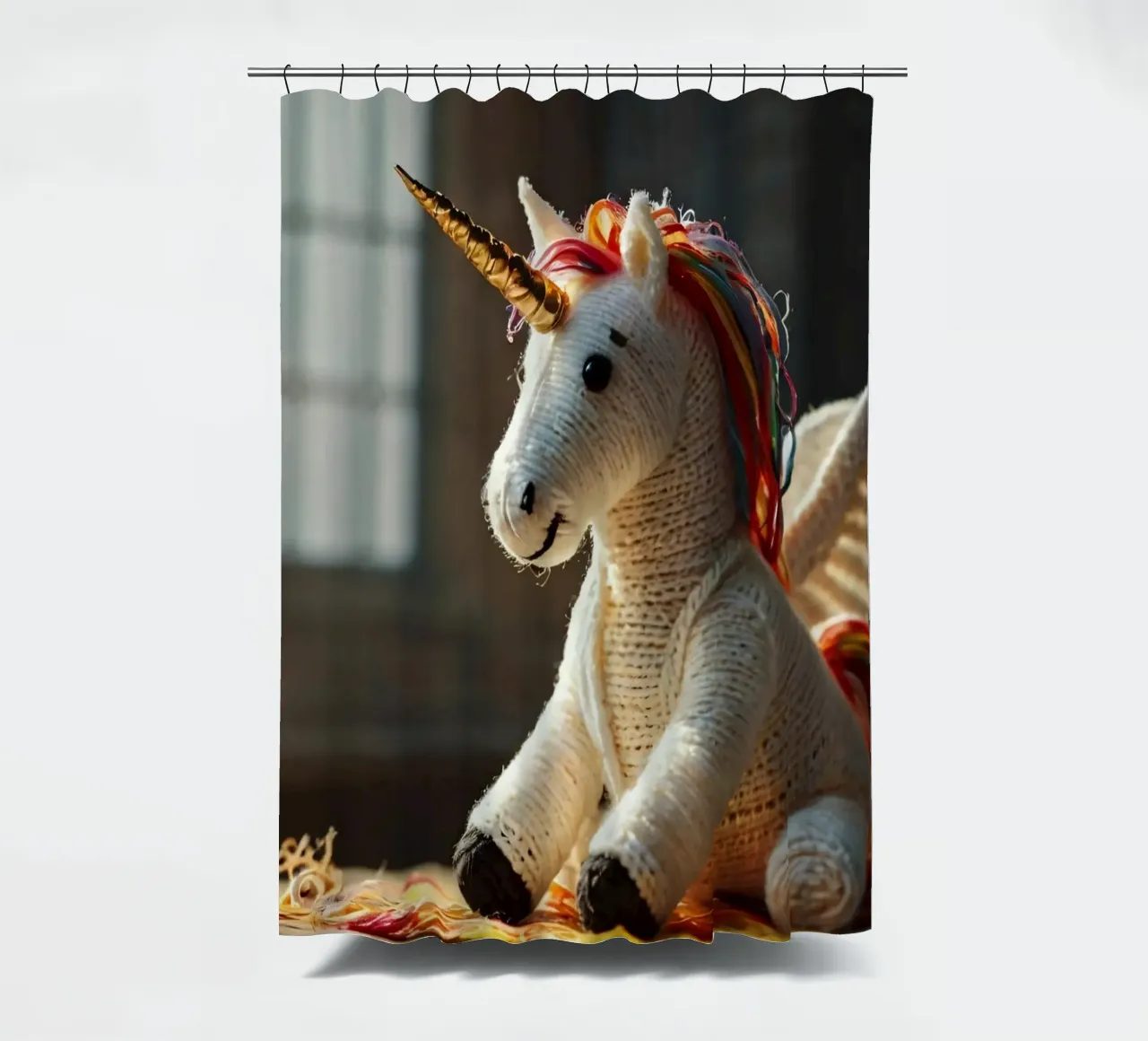 Un unicorno giocattolo fatto a mano con criniera e ali colorate tenda da doccia da DesignDoodle