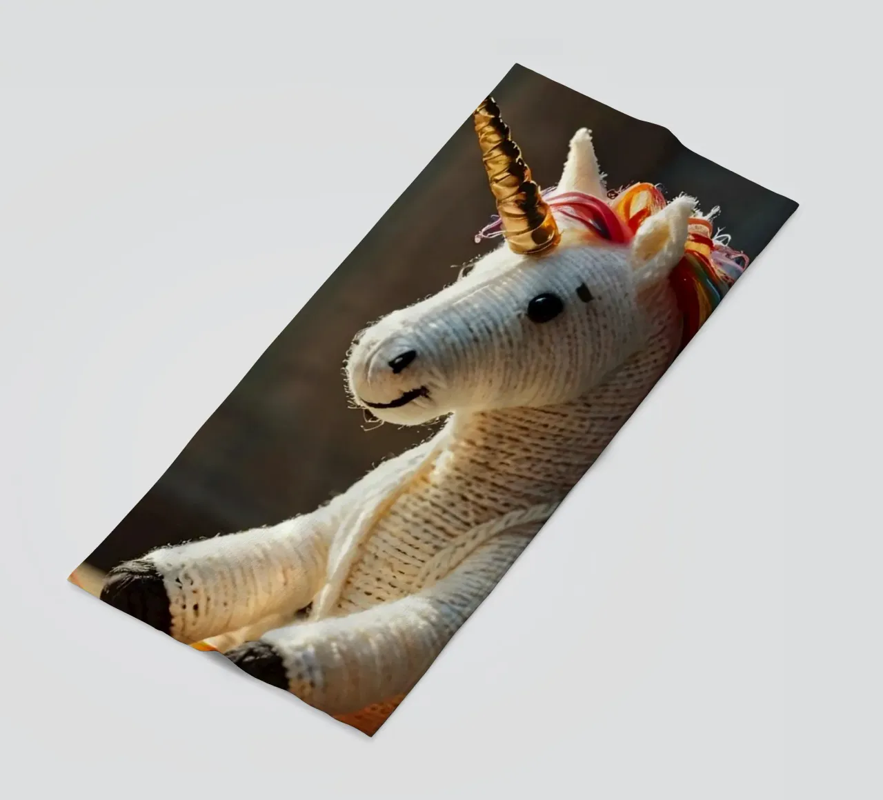 Un unicorno giocattolo fatto a mano con criniera e ali colorate telo mare da DesignDoodle