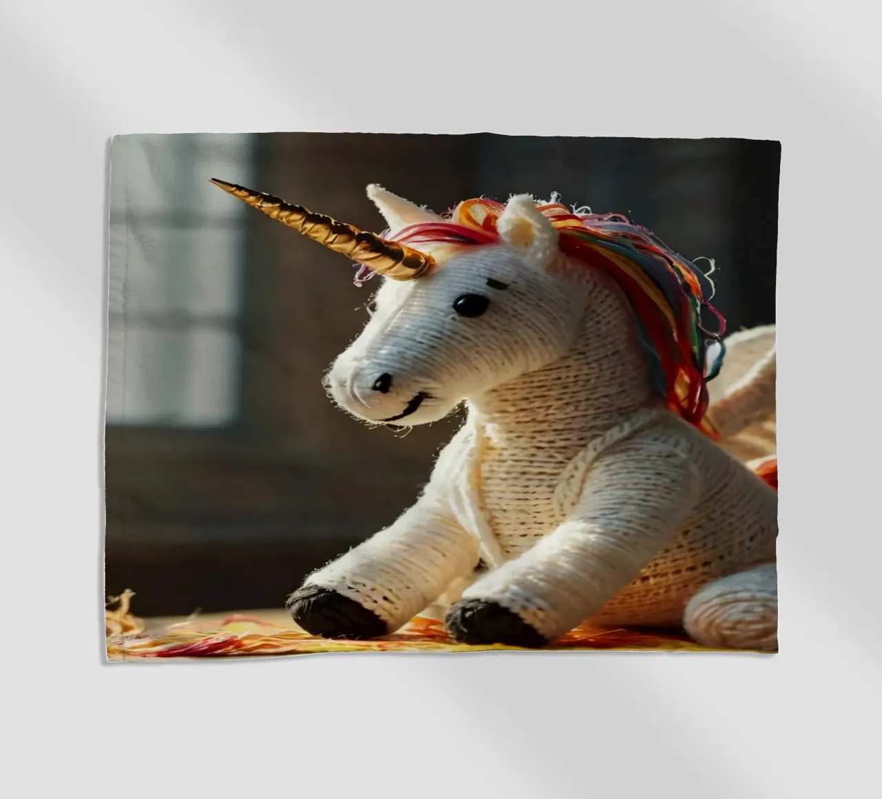 Un unicorno giocattolo fatto a mano con criniera e ali colorate telo mare da DesignDoodle