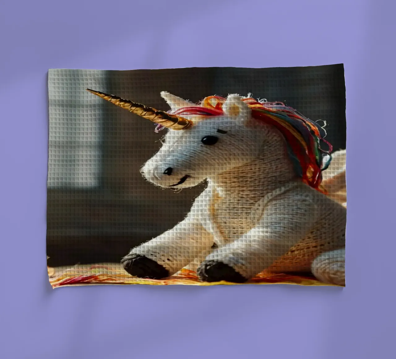 Un unicorno giocattolo fatto a mano con criniera e ali colorate canovaccio da cucina da DesignDoodle