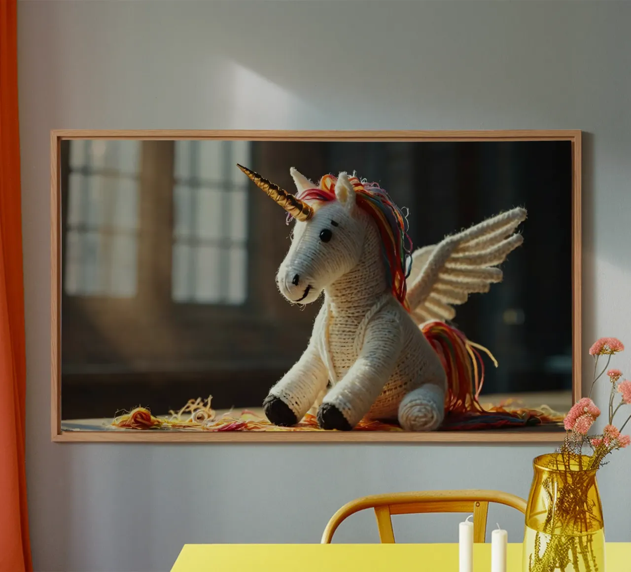 Un unicorno giocattolo fatto a mano con criniera e ali colorate alluminio dibond da DesignDoodle