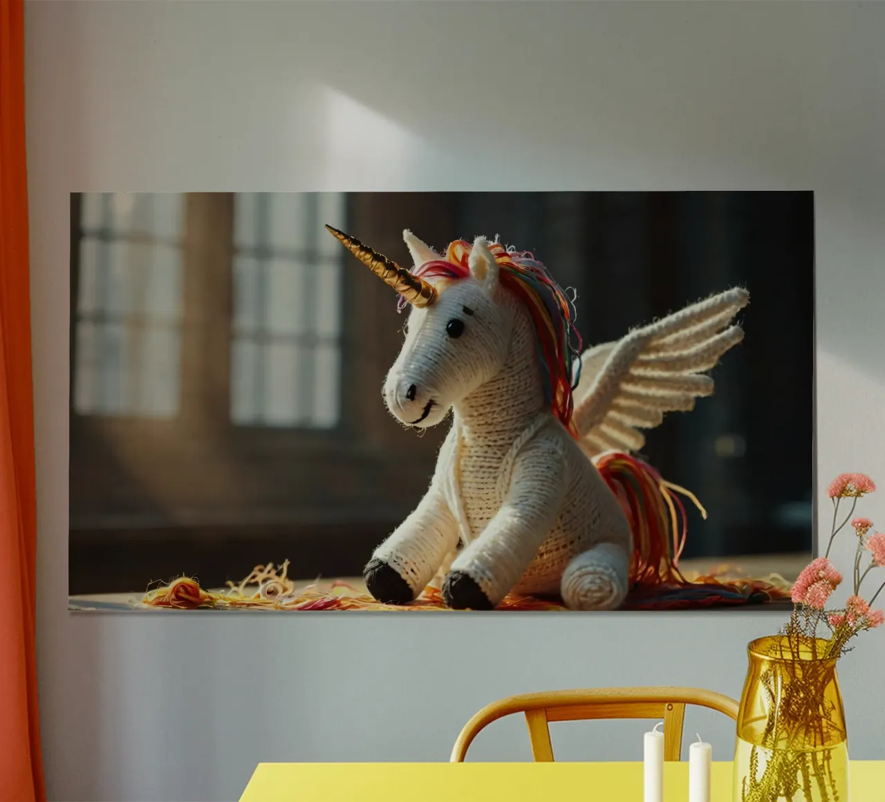 Un unicorno giocattolo fatto a mano con criniera e ali colorate carta hahnemühle da DesignDoodle