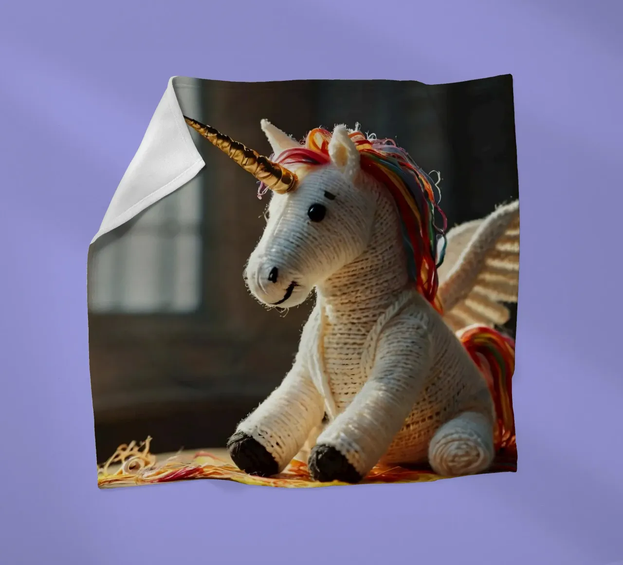 Un unicorno giocattolo fatto a mano con criniera e ali colorate coperta in pile da DesignDoodle
