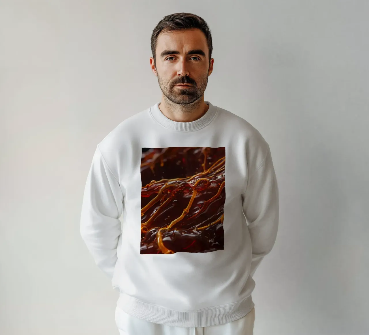 Fluid dynamics captured in orange and red layers sweatshirt by DesignDoodle