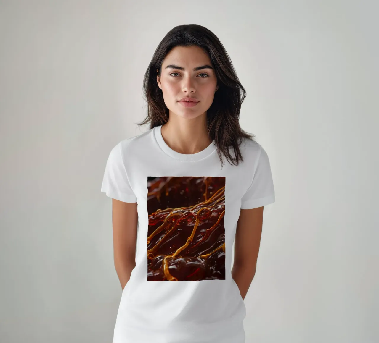 Fluid dynamics captured in orange and red layers t-shirt by DesignDoodle