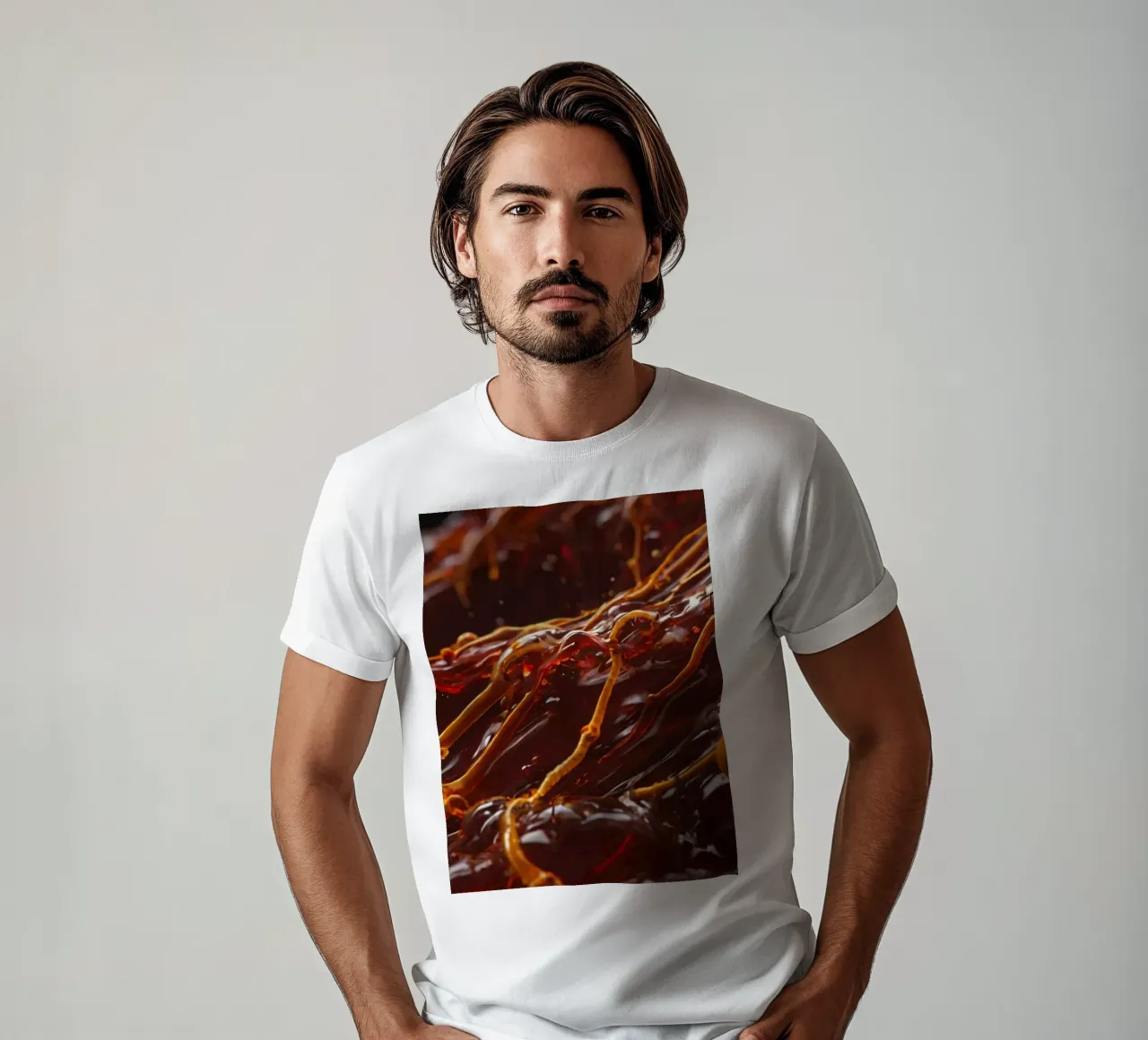 Fluid dynamics captured in orange and red layers t-shirt by DesignDoodle
