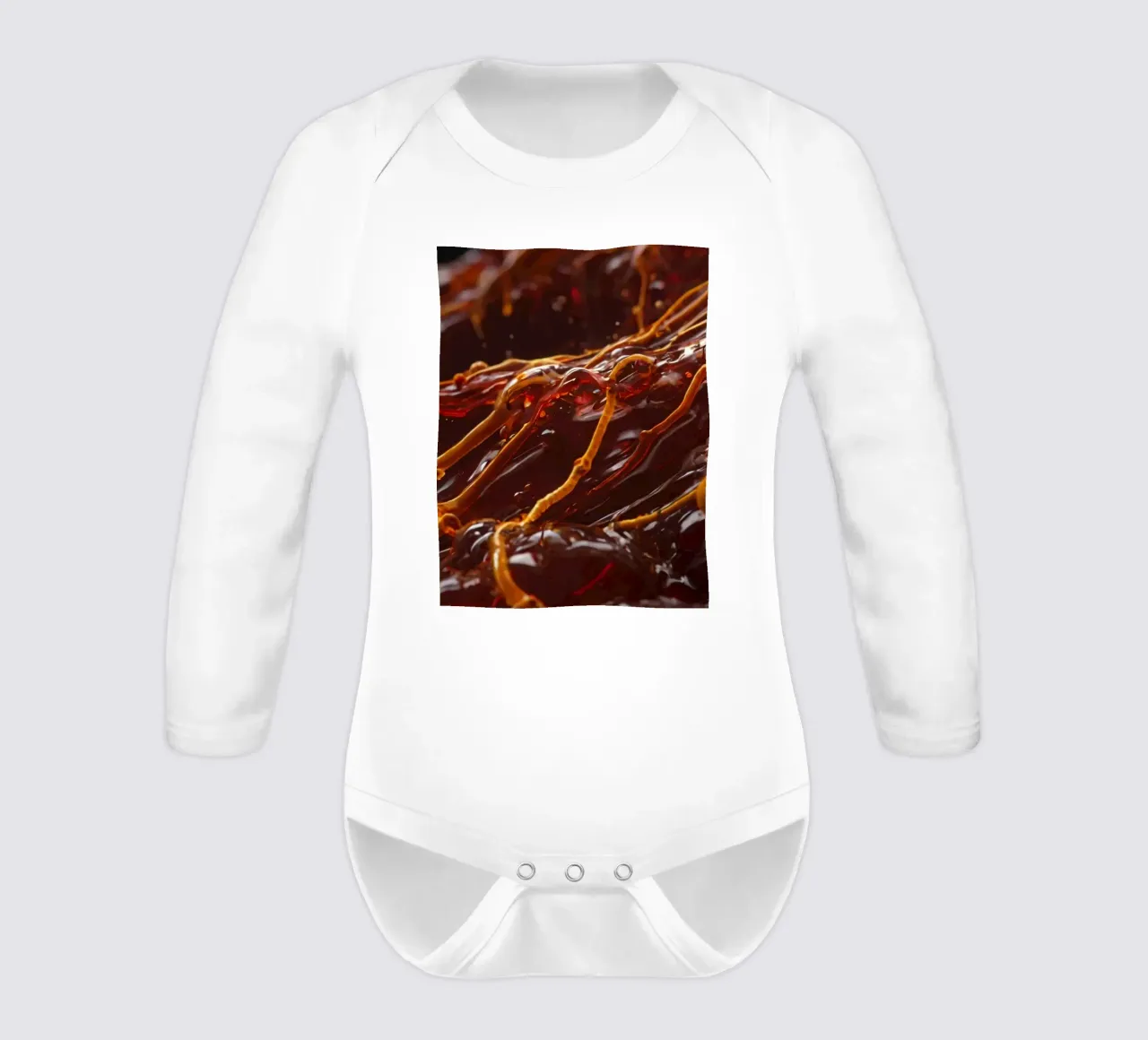 Fluid dynamics captured in orange and red layers long-sleeve baby romper by DesignDoodle