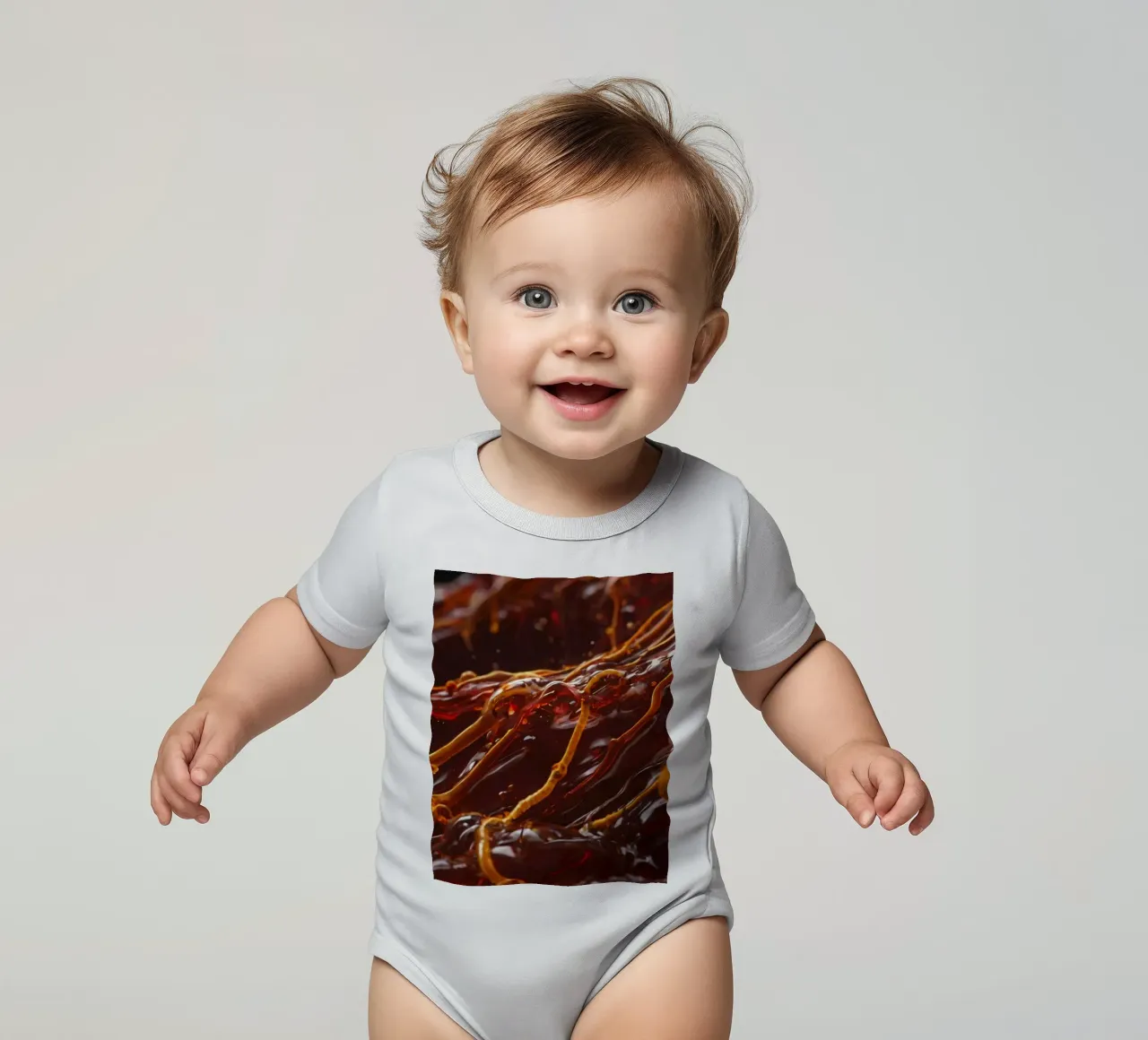 Fluid dynamics captured in orange and red layers short-sleeve baby romper by DesignDoodle