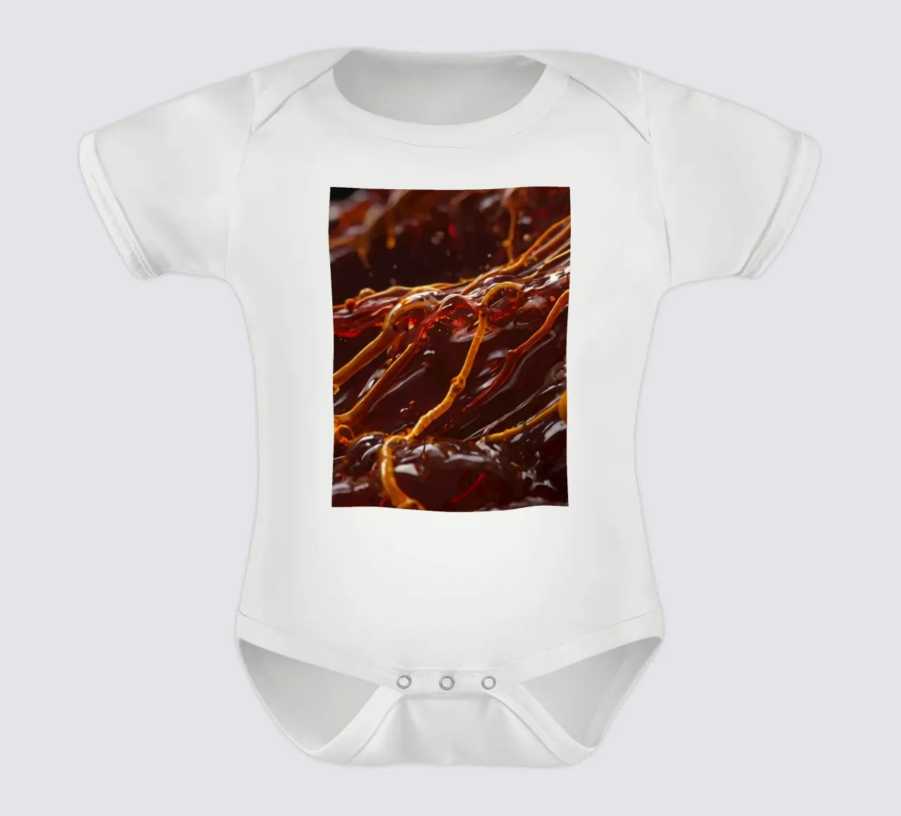 Fluid dynamics captured in orange and red layers short-sleeve baby romper by DesignDoodle