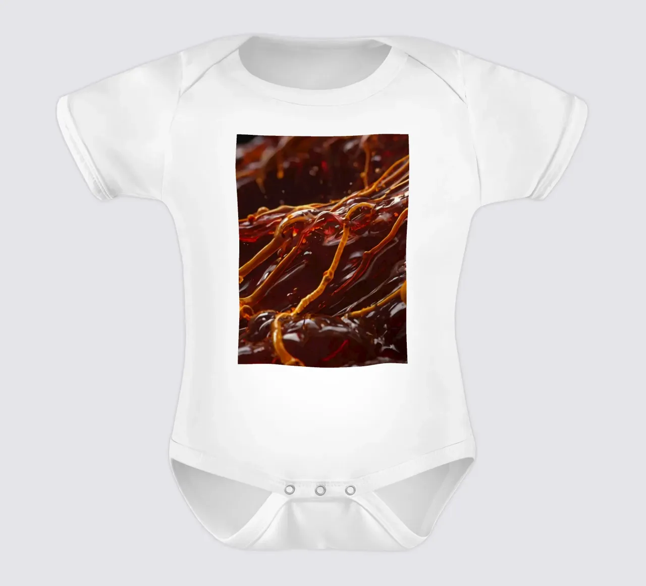 Fluid dynamics captured in orange and red layers short-sleeve baby romper by DesignDoodle