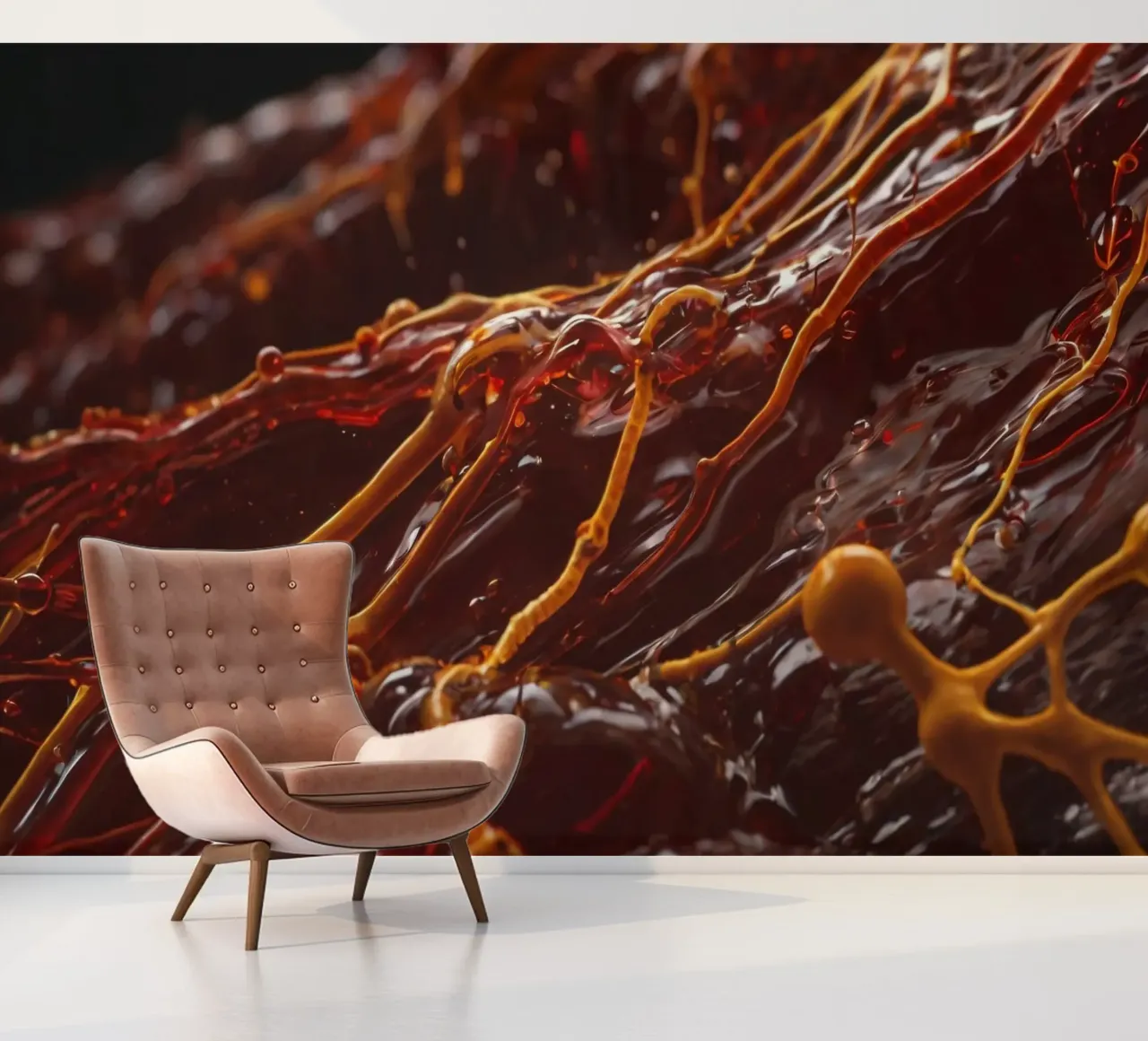 Fluid dynamics captured in orange and red layers photo wallpaper by DesignDoodle