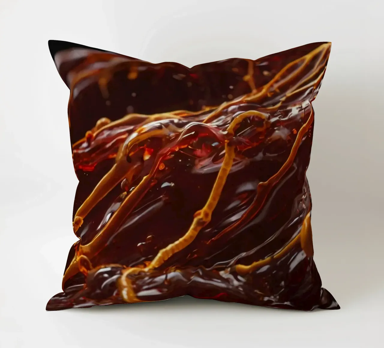 Fluid dynamics captured in orange and red layers decorative cushion by DesignDoodle