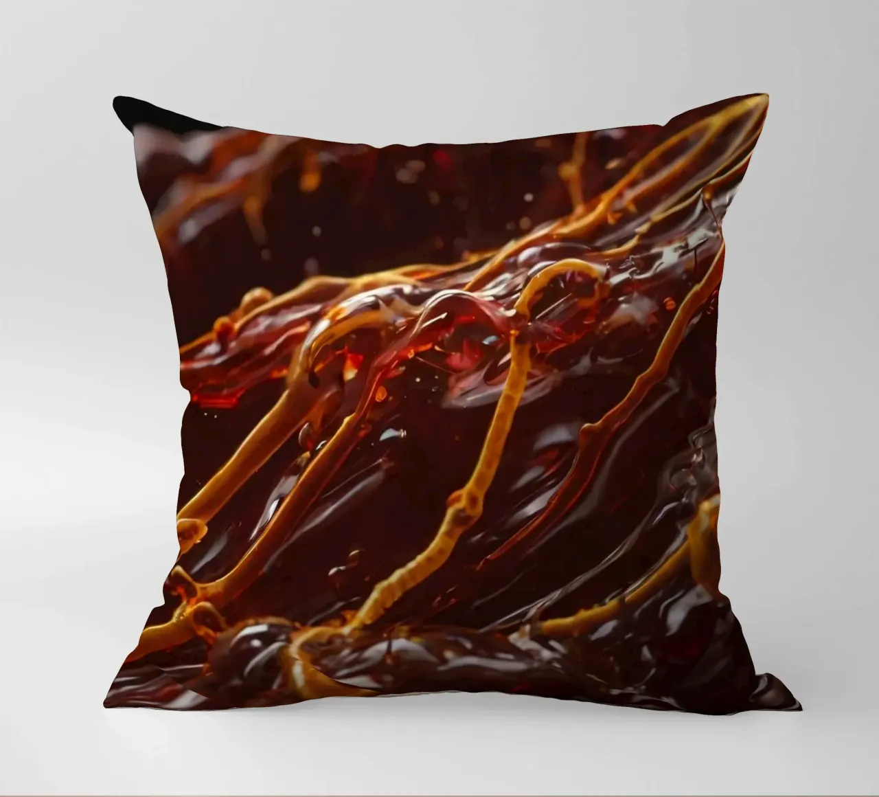 Fluid dynamics captured in orange and red layers decorative cushion by DesignDoodle