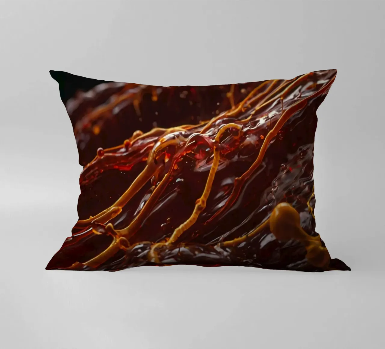 Fluid dynamics captured in orange and red layers decorative cushion by DesignDoodle