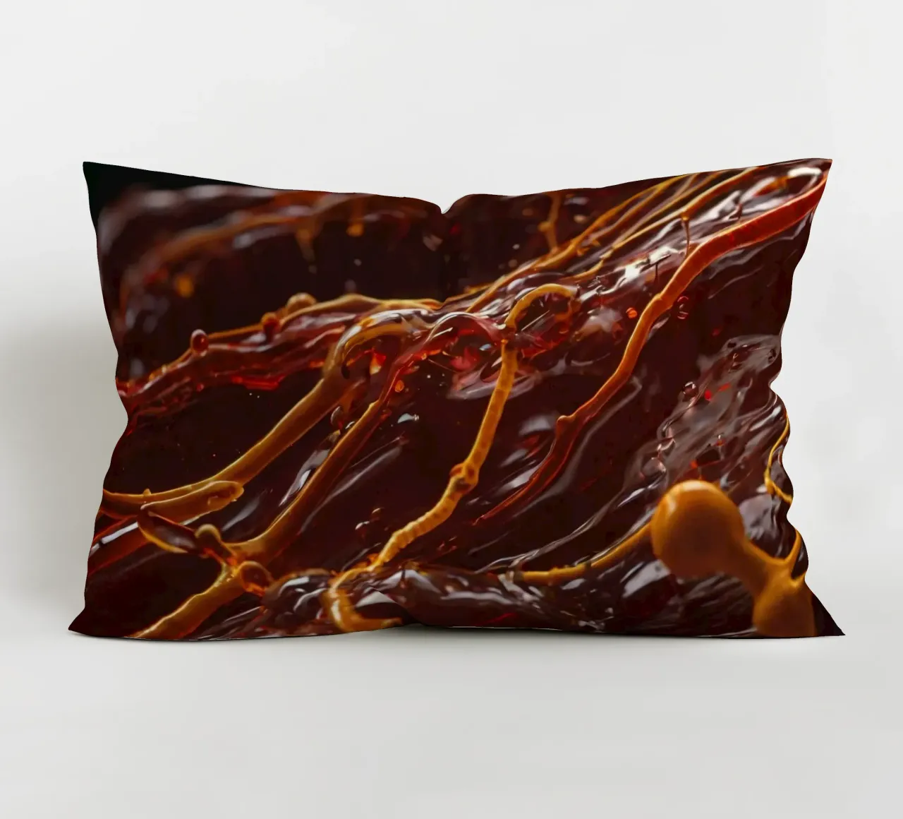 Fluid dynamics captured in orange and red layers decorative cushion by DesignDoodle