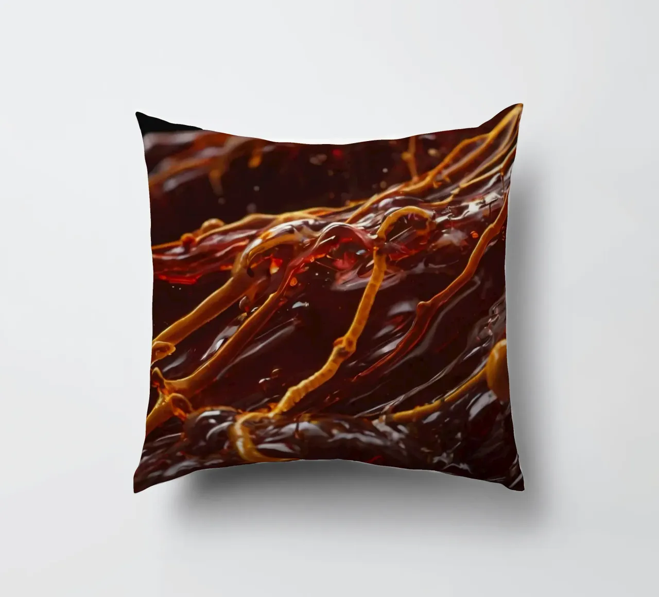 Fluid dynamics captured in orange and red layers decorative cushion by DesignDoodle