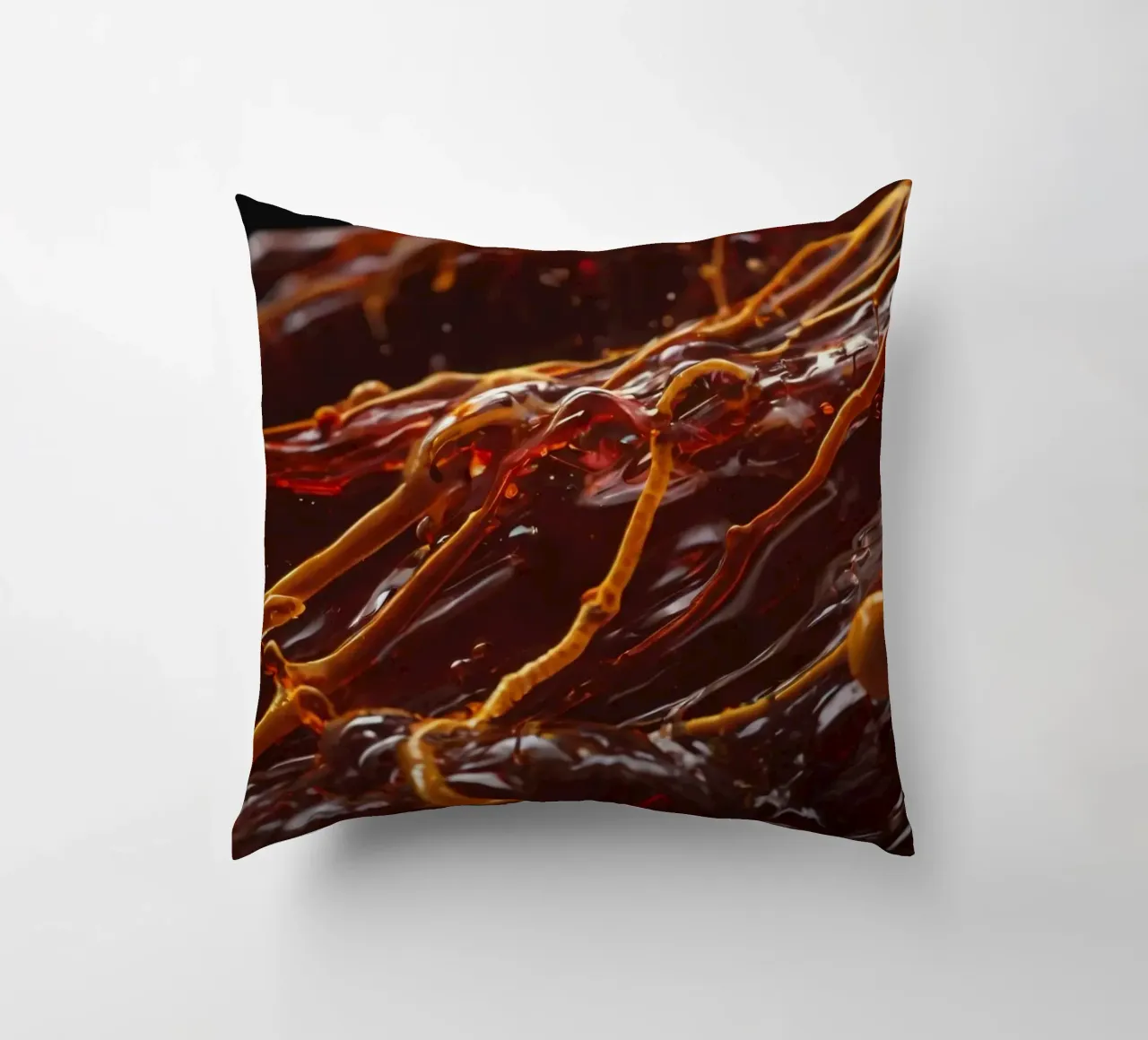 Fluid dynamics captured in orange and red layers decorative cushion by DesignDoodle
