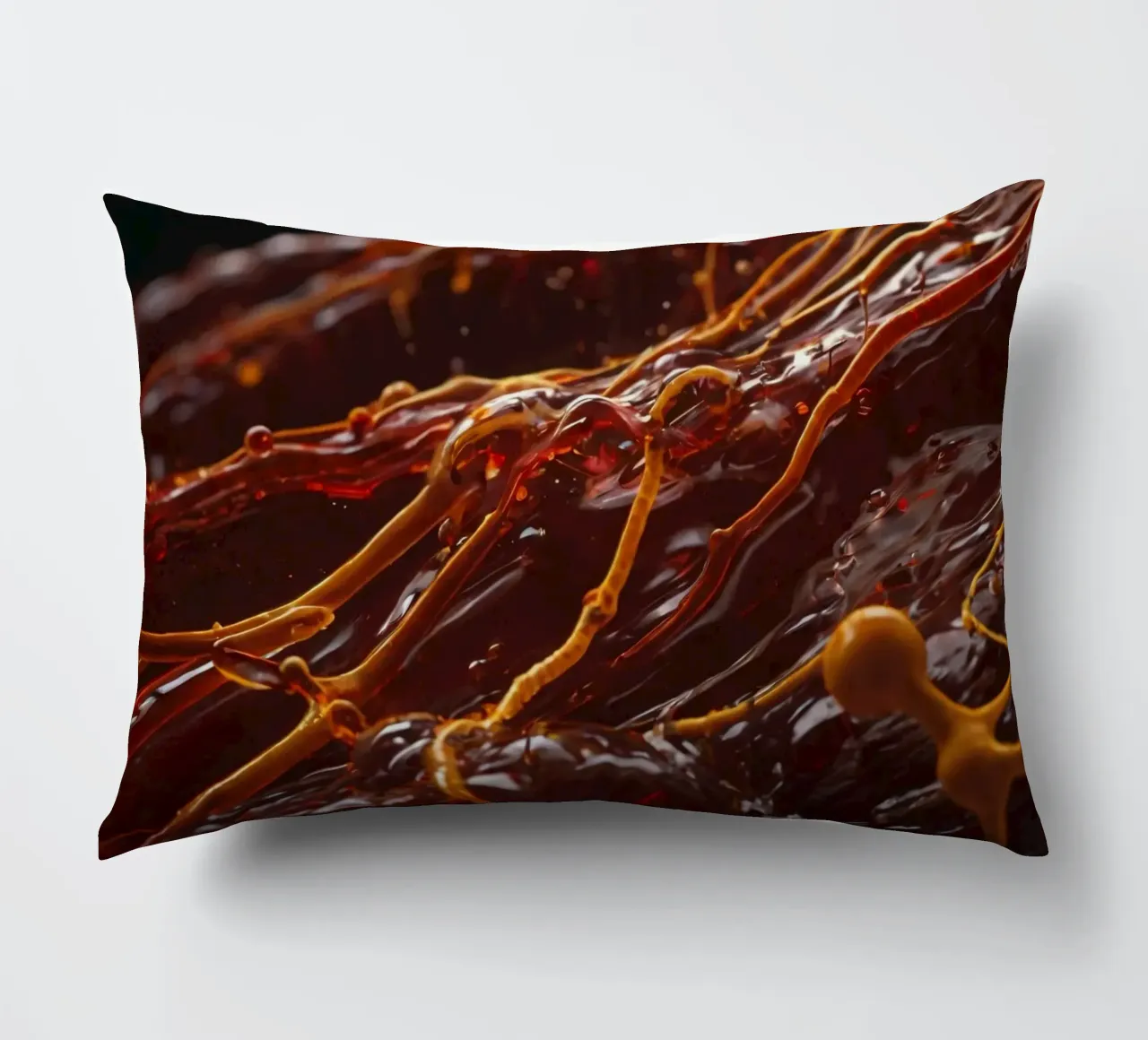 Fluid dynamics captured in orange and red layers decorative cushion by DesignDoodle