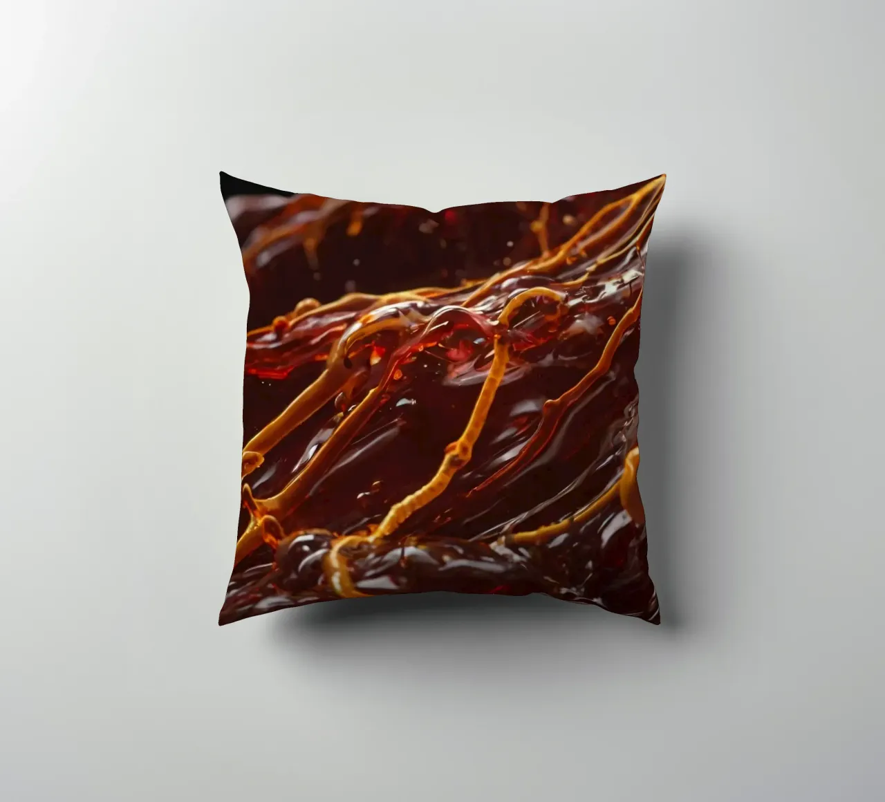 Fluid dynamics captured in orange and red layers decorative cushion by DesignDoodle