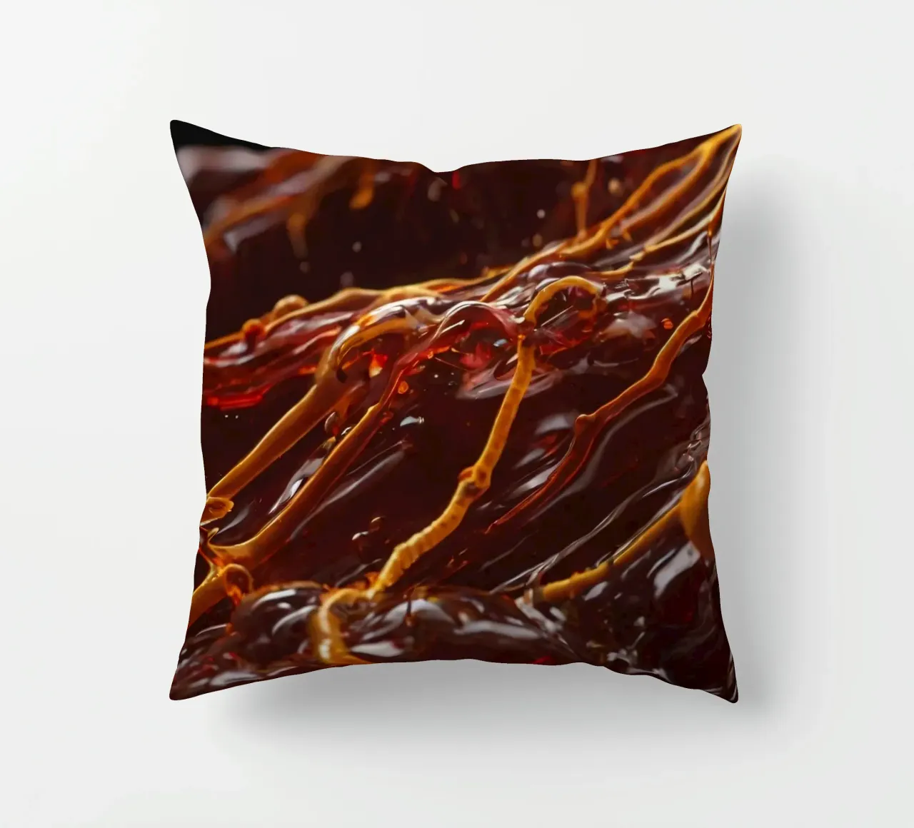 Fluid dynamics captured in orange and red layers decorative cushion by DesignDoodle
